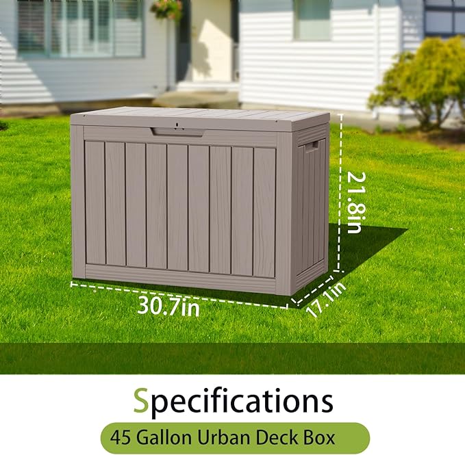 45 Gallon Outdoor Storage Box Waterproof Lockable Resin Deck Box Large, Patio Storage Bin for Pool Accessories Cushion Furniture, Garden Tools, UV-Resistant Outside Delivery Light Coffee-VerdiqueGarden