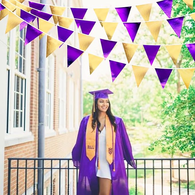 Purple and Gold Party Decorations Metallic Fabric Triangle Pennant Banner Flag Bunting Garland for Graduations Birthday Retirement Wedding Baby Shower Bachelorette Halloween Outdoor Party Supplies-VerdiqueGarden