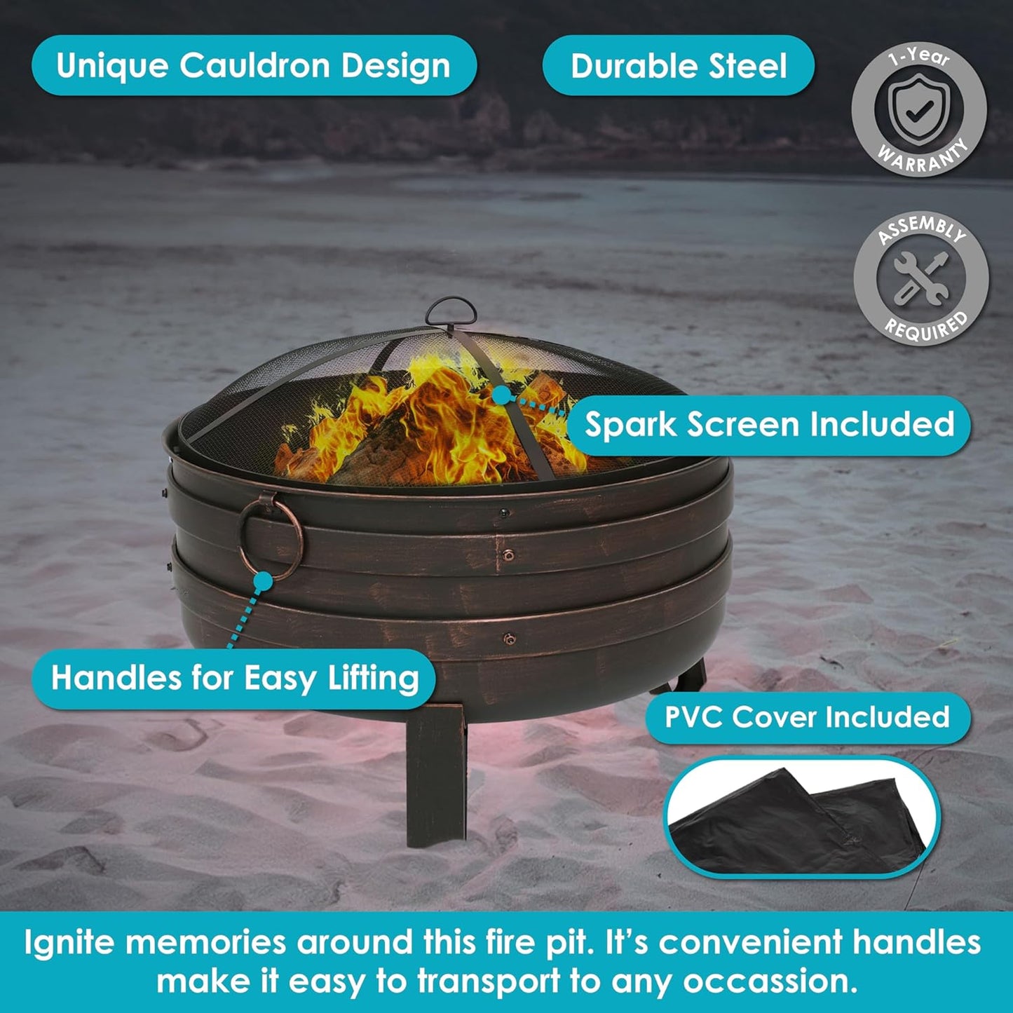 Sunnydaze 24-Inch Heavy-Duty Steel Cauldron Fire Pit - Includes Spark Screen and Protective Cover - Brushed Bronze-VerdiqueGarden