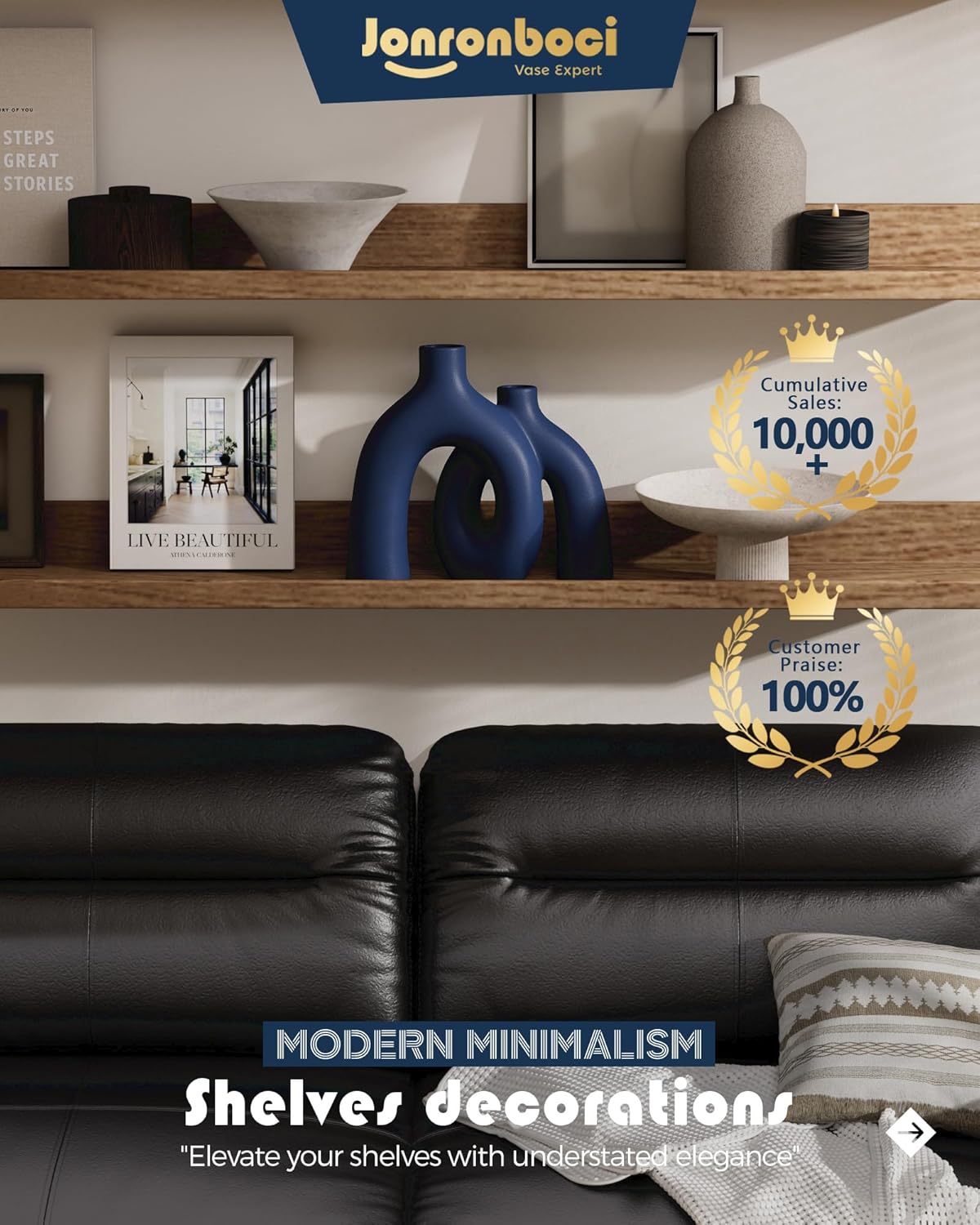 Hug Donut Decorative Vase Set - Navy Blue Vase, Modern Coastal Style Vases Home Decor, Matte Ceramic Decorations for Living Room Shelf, Bookshelf Mantle Entryway Table or Console Décor (Navy Blue)-VerdiqueGarden