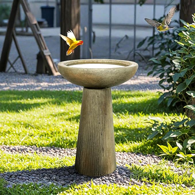 SunJet 24.4inches Tall Fiber-Reinforced Concrete Bird Bath - Modern Minimalist Style Outdoor Birdbaths & Feeder Combo for Outdoors Patio Garden Yard Lawn Decor-VerdiqueGarden