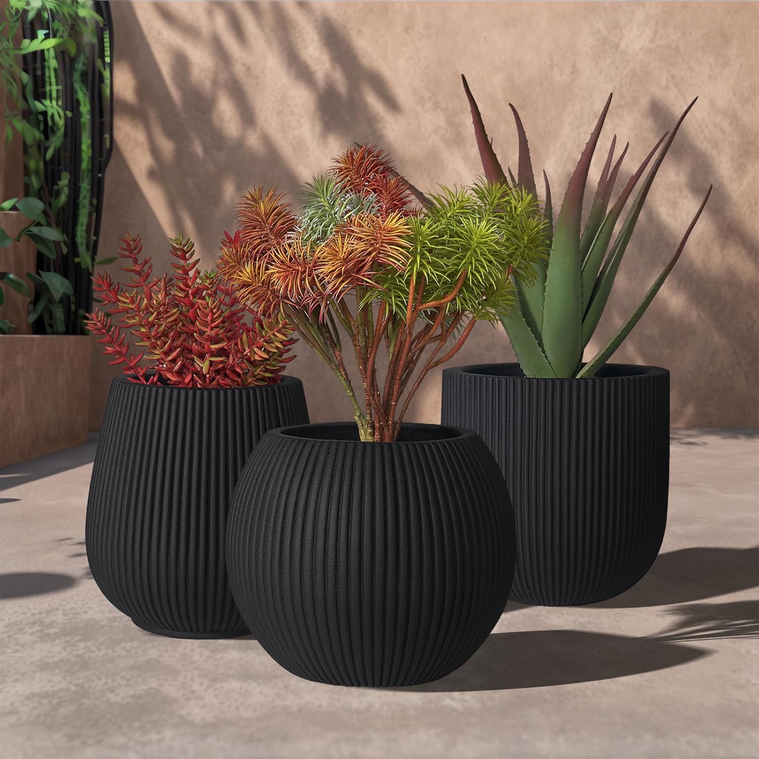 16 Inch Handmade Concrete Outdoor Planter - Classic Striped Design | Fiberglass & Composite Material | Durable for Commercial & Home Decor-VerdiqueGarden