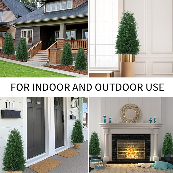 3FT Artificial Cedar Topiary Ball Trees with Ground Spike, 2 Pack UV Resistant Artificial Shrubs, Fake Evergreen Artificial Plant Brush for Indoor Outdoor Front Porch Garden-VerdiqueGarden