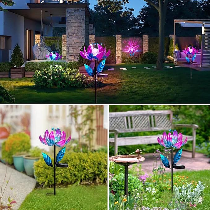 Solar Purple Metal Flower Wind Spinners, Colorful Spinning Windmill Lotus Yard Art Lights Wind Pinwheels with LED Crystal Ball Decorative Stake Lighting Flower Sculpture-VerdiqueGarden