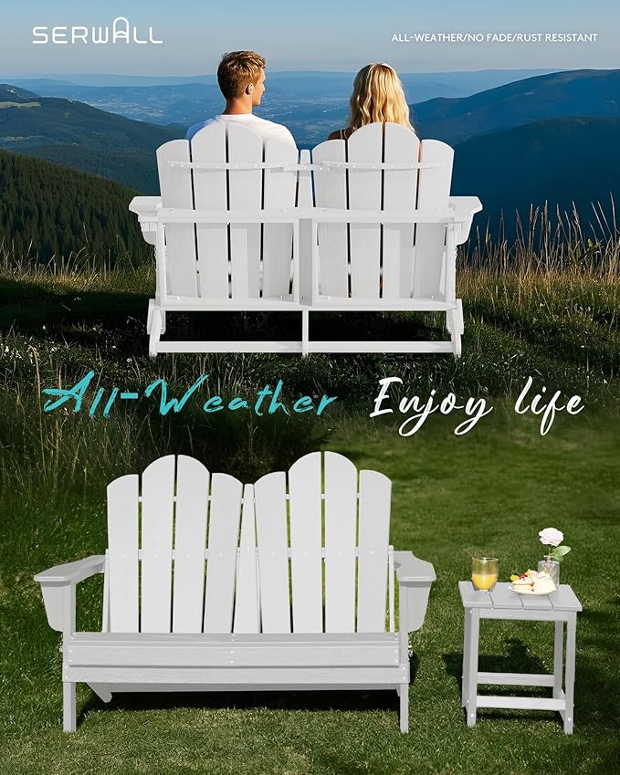 SERWALL 2 Person Adirondack Loveseat, HDPE All-Weather Folding Adirondack Bench Chair, Outdoor Adirondack Chair Set of 4, White-VerdiqueGarden
