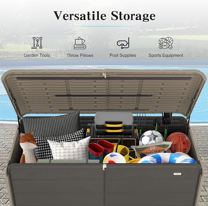 Domi 200 Gallon Resin Deck Box, Waterproof & UV-Resistant Outdoor Large Storage Box Lockable Storage Bin for Patio Cushions Pool Supplies Garden Tools and Delivery Storage-VerdiqueGarden