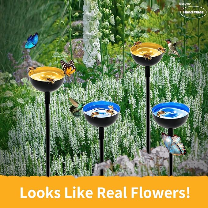 2 Pack Bee Cups For Garden, Bee Waterer And Butterfly Water Stations, Bee Water Catcher Cups For Thirsty Pollinators, Bee Bath, Colorful Metal Garden Sculpture Stakes Decor, Bee Houses For The Garden-VerdiqueGarden