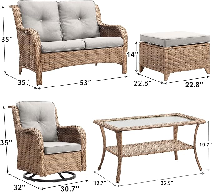 Outdoor Wicker Patio Furniture Set - 6 Piece Rattan Patio Conversation Set with 2 Rocking Swivel Chairs,2 Ottomans,1 Loveseat and 1 Coffee Table for Porch Deck Backyard Garden(Yellow/Beige)-VerdiqueGarden