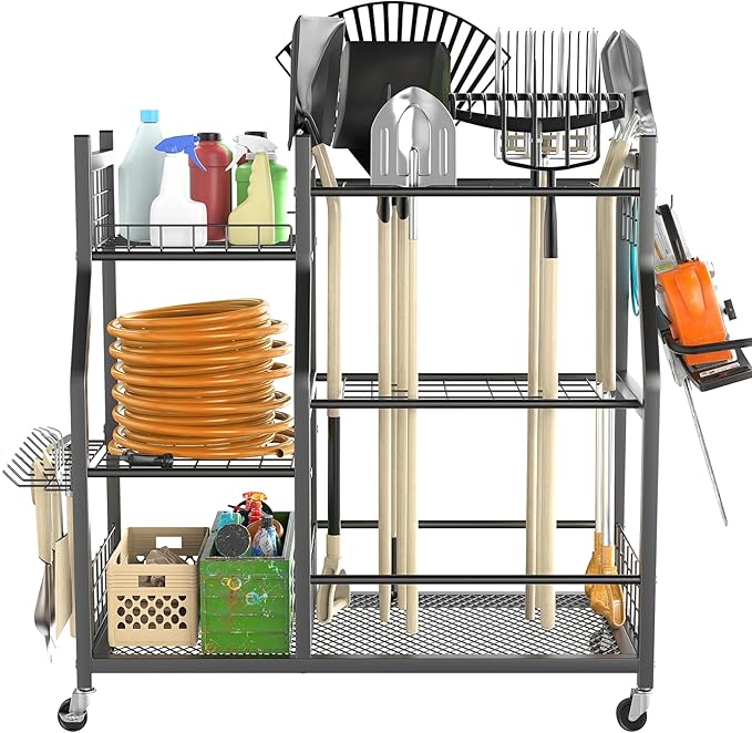 TORACK Garden Tool Organizer with Wheels, Rakes Shovels Yard Tools Stand for Garage, Shed, Garden, Indoor/Outdoor Long-Handled Tools Cart-VerdiqueGarden