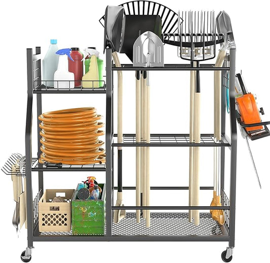 TORACK Garden Tool Organizer with Wheels, Rakes Shovels Yard Tools Stand for Garage, Shed, Garden, Indoor/Outdoor Long-Handled Tools Cart-VerdiqueGarden