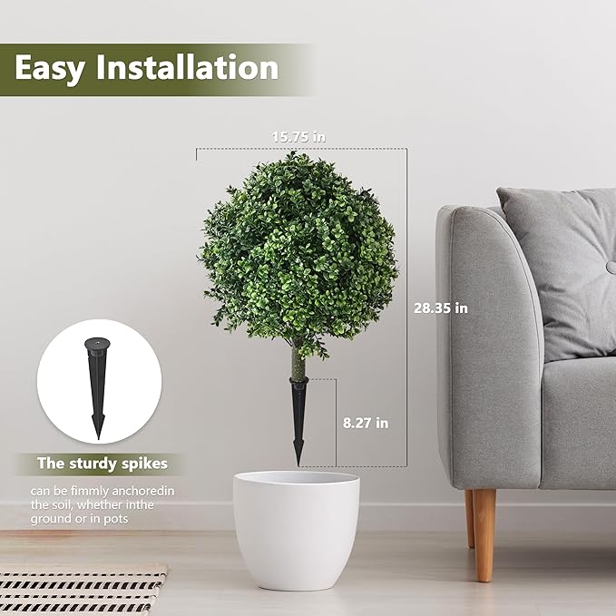 28" Artificial Boxwood Topiary Ball Trees with Ground Spike for Outdoor,Set of 2 UV Resistant Artificial Shrub Bushes,Artificial Plants,Fake Boxwood Plants for Indoor, Garden, Yard,Patio Décor-VerdiqueGarden