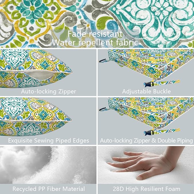 LVTXIII Outdoor Deep Seat Cushion Patio Seat and Back Cushion Set Seasonal Chair Cushion for Dining Arm Chairs, Wicker Chairs and Garden Furniture Decoration, 24"x24"x4", Damask Green-VerdiqueGarden