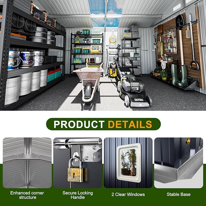 12x10 FT Metal Sheds & Outdoor Storage: Heavy Duty Garden Sheds with Dual Transparent Panels, DIY-installable Windows & Lockable Doors, Weatherproof Tool Shed for Backyard, Garden, Patio, Grey-VerdiqueGarden