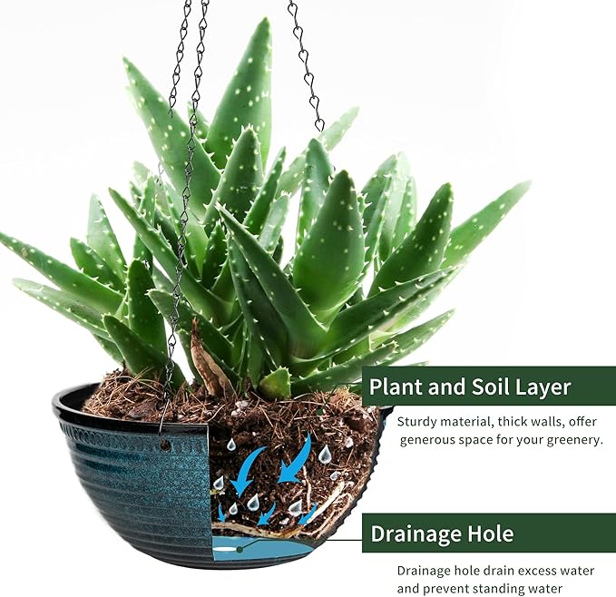 12 inch Hanging Planters for Indoor Outdoor Plants, 2 Pack Large Hanging Flower Pots with Drainage Holes and Chain, Glazed Hanging Baskets for Home Garden Decoration, Blue-VerdiqueGarden