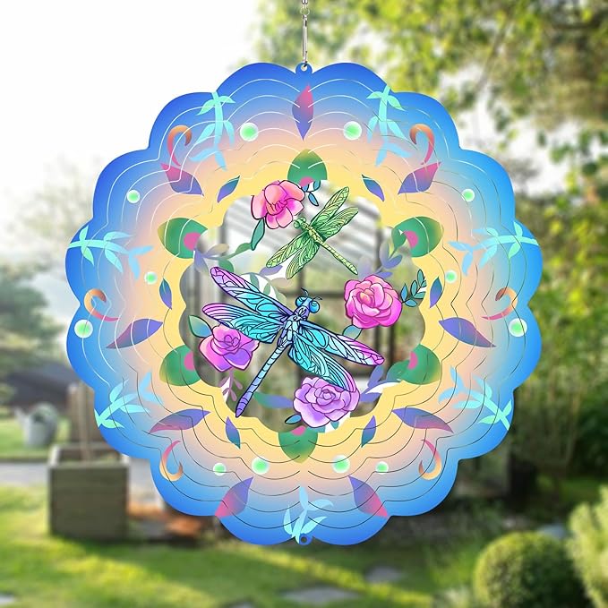 Dragonfly Wind Spinners Metal Dragonfly Gifts for Women Mom Grandma,12inch Hanging Wind Spinner for Outdoor&Indoor Decor Wind Kinetic Ornament for Yard Garden Decoration-VerdiqueGarden