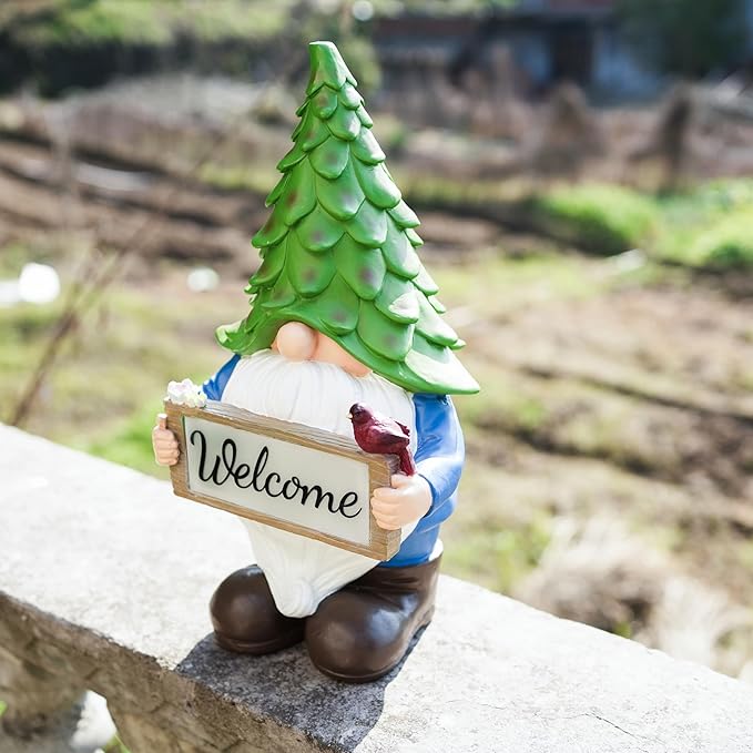 Garden Gnome Statue with Solar Lights, 13.5” Welcome Sign Gnome Outdoor Decor for Yard Lawn Patio, Funny Resin Gnome Sculptures, Gifts for Women Mom Grandma,Garden Decor Ornament-VerdiqueGarden