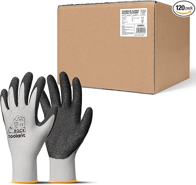 toolant Crinkle Latex Work Gloves Bulk, Rubber Coated Safety Work Gloves for Men and Women, 120 Pairs for Construction, Gardening, Warehouse (Gray, Large)-VerdiqueGarden