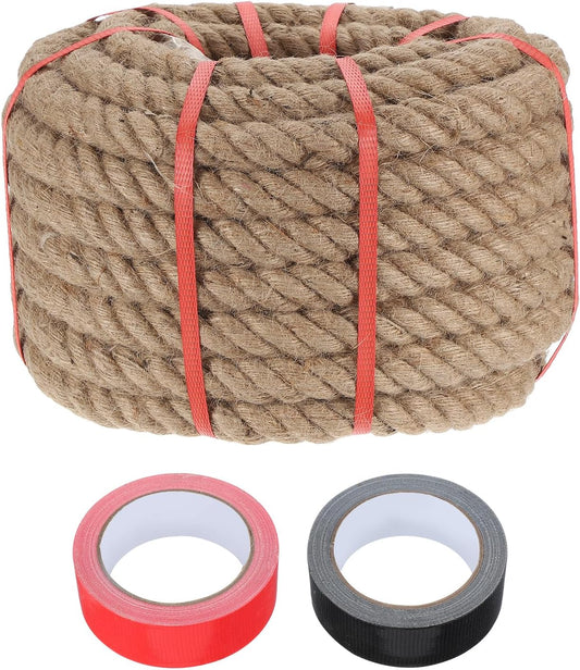 MECCANIXITY Jute Rope 1.1 Inch x 66ft, Thick Twine Rope Ropes Braided Jute Twine Natural Brown Burlap Cord String Heavy Twisted with Tapes for Decorative Crafts Railing Swing Tug of War-VerdiqueGarden