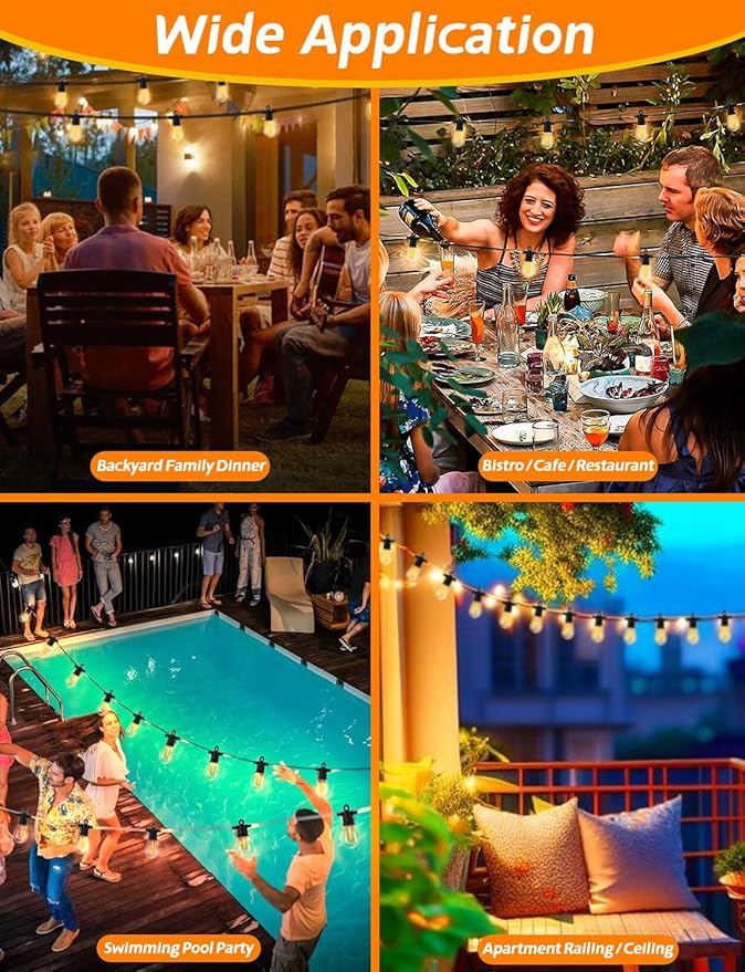 Achin 26FT LED Outdoor String Lights, Patio Lights Waterproof with 13+1 S14 Edison Shatterproof Bulbs, 2200K Dimmable Outside Hanging Lights, String Lights for Outside Backyard Bistro Market Pergola-VerdiqueGarden