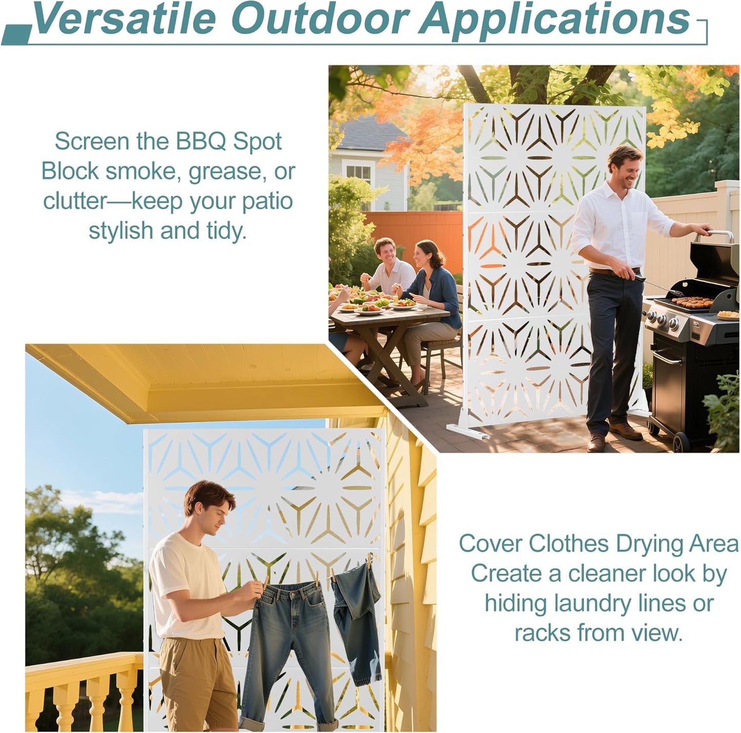 Metal Privacy Screen Outdoor Freestanding Privacy Wall Panels and Decorative Patio Dividers, Crafted from Steel with Sun-Proof Design, Ideal for Patio, Deck, Garden,72" H×47" L,（White&Star）-VerdiqueGarden