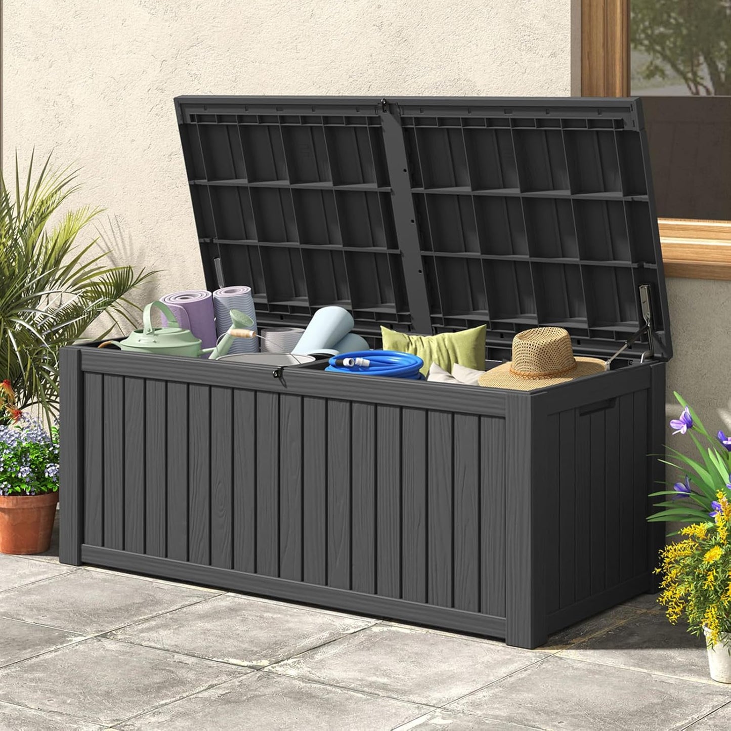 Outdoor Storage Box, 180 Gallon Deck Box, Waterproof and UV Resistant Large Resin Storage Bin, Organization and Storage for Patio Furniture, Outdoor Cushions, Garden Tools, Lockable-VerdiqueGarden