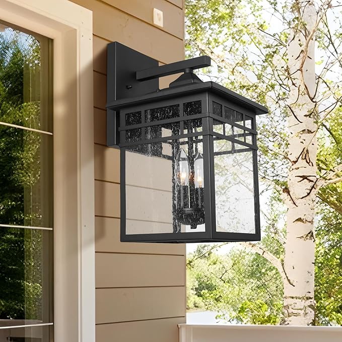 Outdoor Light Fixture Wall Mount, Black Exterior Light Fixture Wall Sconces with Seeded Glass for Front Porch, Large Waterproof Outdoor Square Wall Lantern Outside for House Doorway-VerdiqueGarden