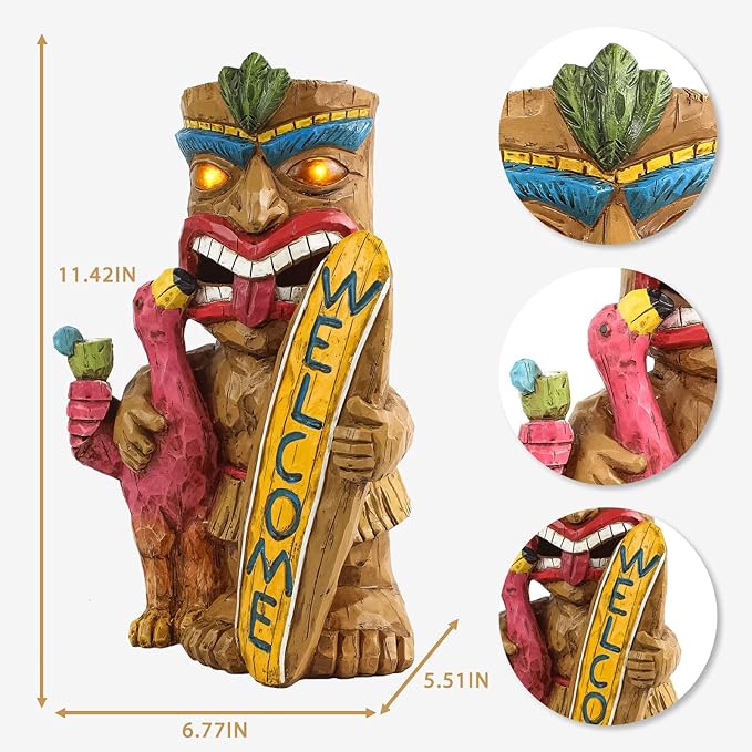 Welcome Tiki Statue with Surfboard Flamingo-Solar Outdoor Decor - Tiki Man with Automatic Switch On Flickering Eyes LED Light for Tiki Bar Decorations, Patio, Balcony, Yard,Lawn,Gifts-VerdiqueGarden