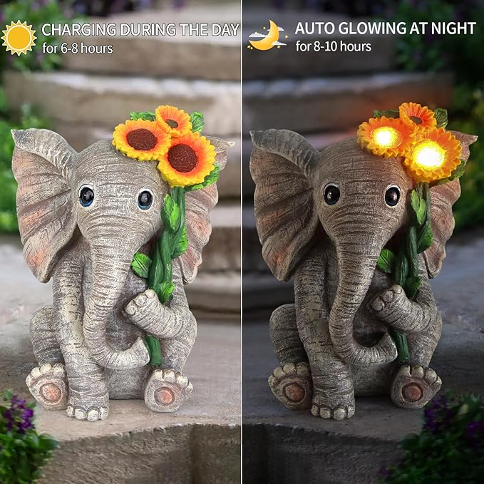 Outdoor Sculpture Figurine Statue Elephant Decor,Solar Garden Statues for Patio Home Yard Decor,Good Luck Sunflower Elephant for Women, Mom Gifts Housewarming Gift-VerdiqueGarden