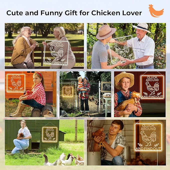 Funny Cluck Around and Find Out Large Neon Sign Dimmable, Rooster Decor 16 X 16 Inch Kitchen Decor for Farmhouse, Chicken Coop, Garden, Farm House Decoration, Rooster Gifts-VerdiqueGarden