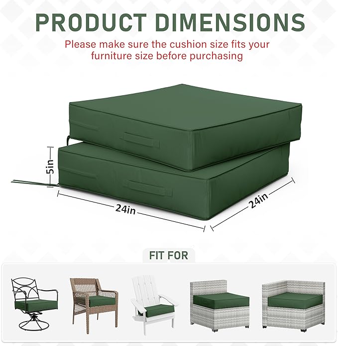 Patio Chair Cushions 24 X 24 X 5 Inch Waterproof Outdoor Seat Cushions for Patio Furniture, Outdoor Sofa Couch Pads with Ties & Handle, Set of 2, Green-VerdiqueGarden