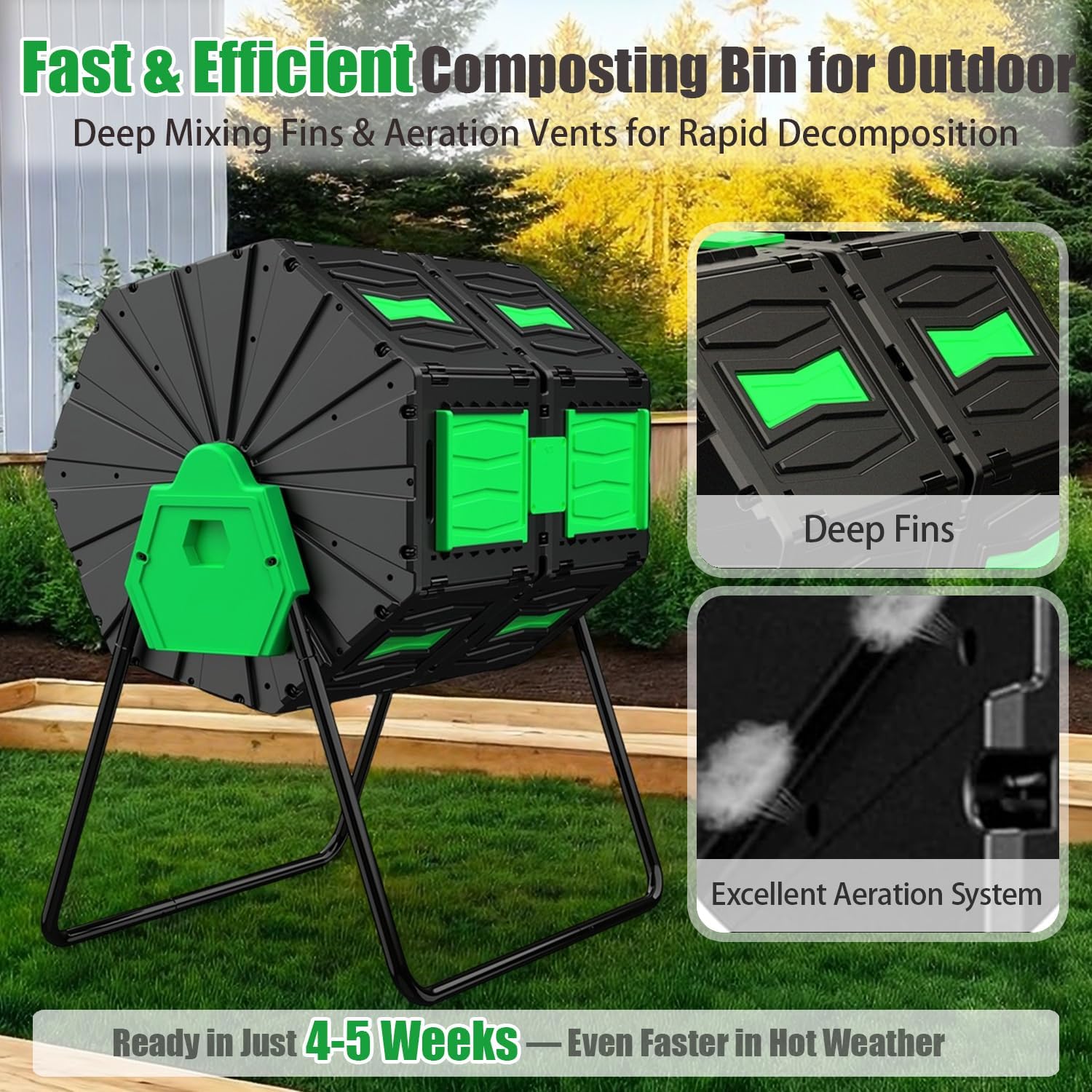 Compost Bin Outdoor, 45Gallon Dual Chamber Composter Large Composting Bin, 360° Rotating Compost Bin, BPA-Free Fast-Working Tumbling Compost Barrel, Kitchen Garden Composter Tumbler (Green)-VerdiqueGarden