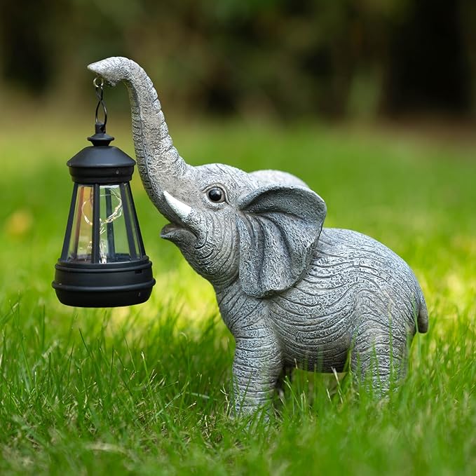 Solar Garden Statue Lights Elephants Figurine with Solar Lantern, Outdoor Yard Decorations for Patio Porch Home, Christmas Elephant Gifts for Women - Unique Housewarming Gifts-VerdiqueGarden
