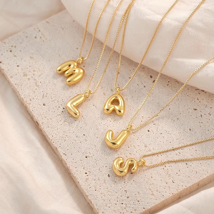 Bubble Gold Silver Letter Necklace Initial Necklaces for Women Trendy 14K Dainty Charm Pendant Name Necklace Personalized Jewelry Gift for Women Teen