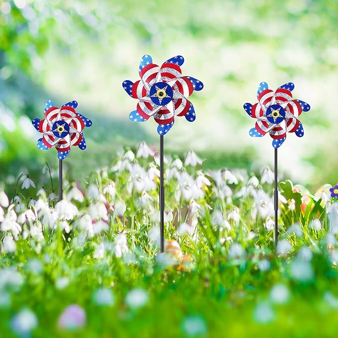 BATTIFE 10 Packs Patriotic Sparkly Reflective Pinwheels for Yard and Garden, American Flags Blinding Birds Pin Wheel Scare Birds & Animal Away, Wind Spinner for 4th of July-VerdiqueGarden