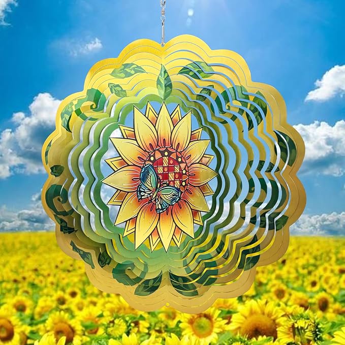 Sunflower Wind Spinners 3D Hanging Wind Spinner Sunflower Ornament Gifts for Women Mom Grandma,12inch Metal Wind Kinetic Sculpture for Outdoor&Indoor Decor, Yard Art, Garden Decoration-VerdiqueGarden