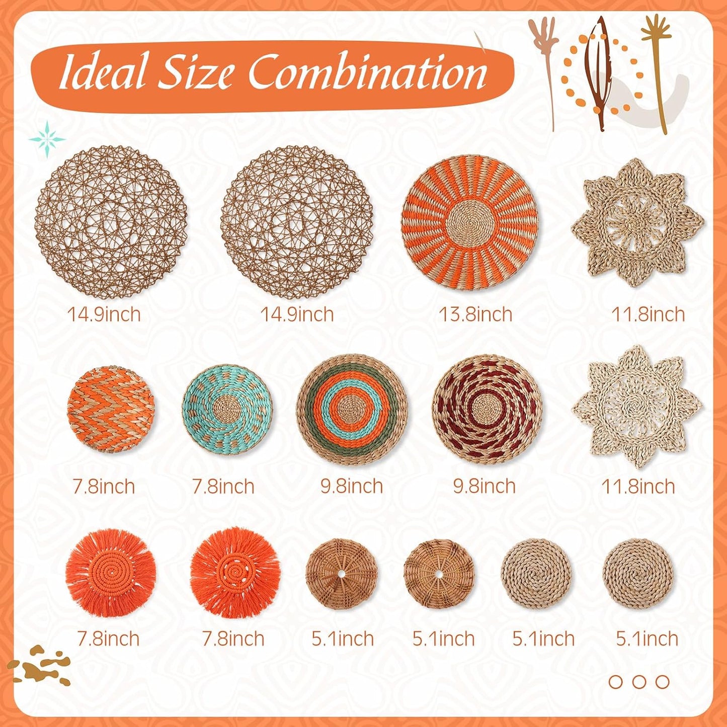 15 Pcs Boho Wall Basket Decor Woven Rattan Seagrass Wall Decor Hanging Rustic Farmhouse Western Art Decoration for Nursery Living Room Bedroom Home Kitchen(Orange Style)-VerdiqueGarden