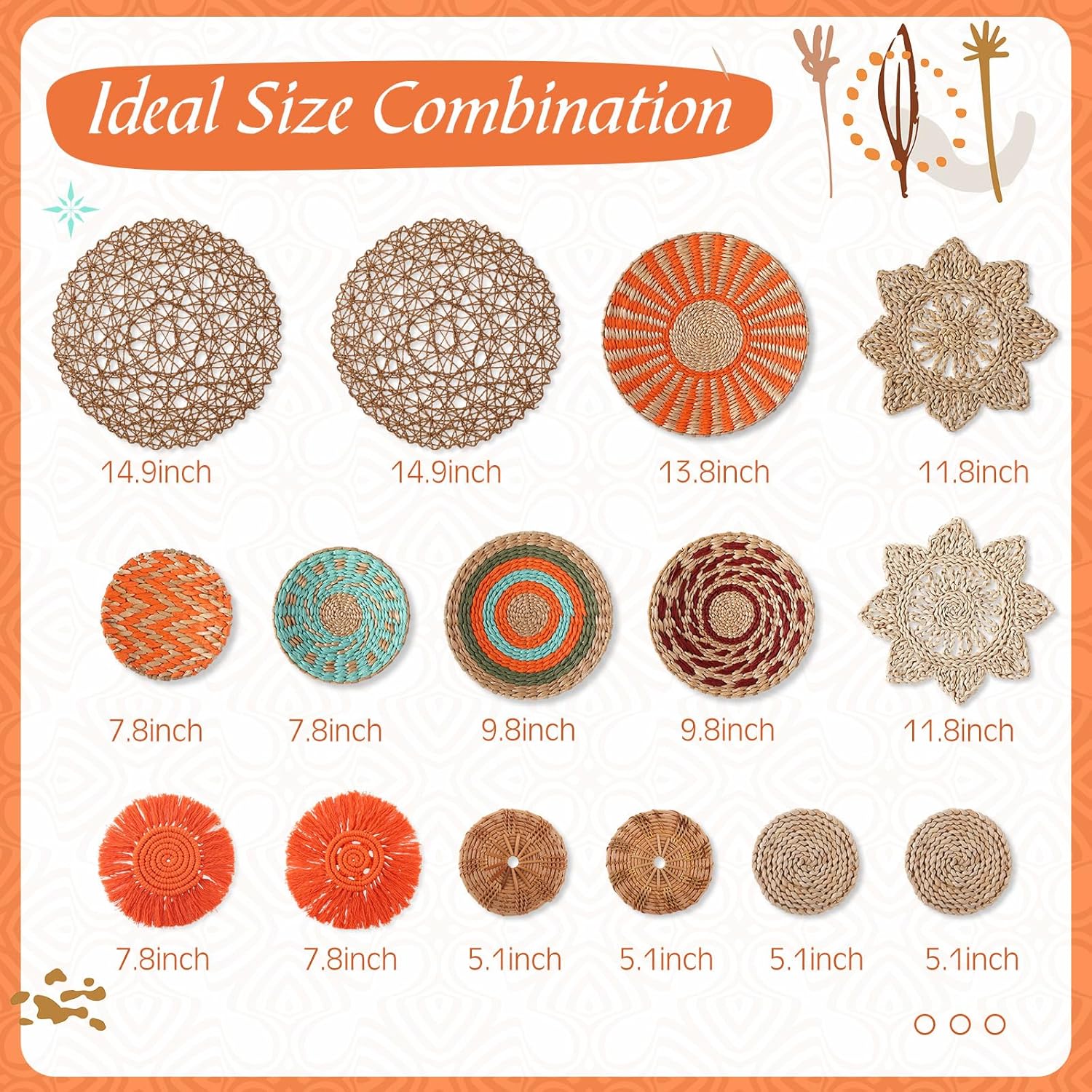 15 Pcs Boho Wall Basket Decor Woven Rattan Seagrass Wall Decor Hanging Rustic Farmhouse Western Art Decoration for Nursery Living Room Bedroom Home Kitchen(Orange Style)-VerdiqueGarden