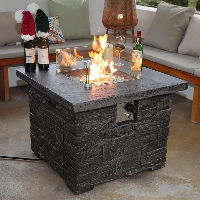 32" Outdoor Propane Fire Pit Table, Stone Fire Table Square Firepit w Glass Wind Guard(50,000 BTU), 2 Piece Slate Gas Fire Table in Deep Grey w Fire Glass, Rain Cover for Outside, Backyard-VerdiqueGarden
