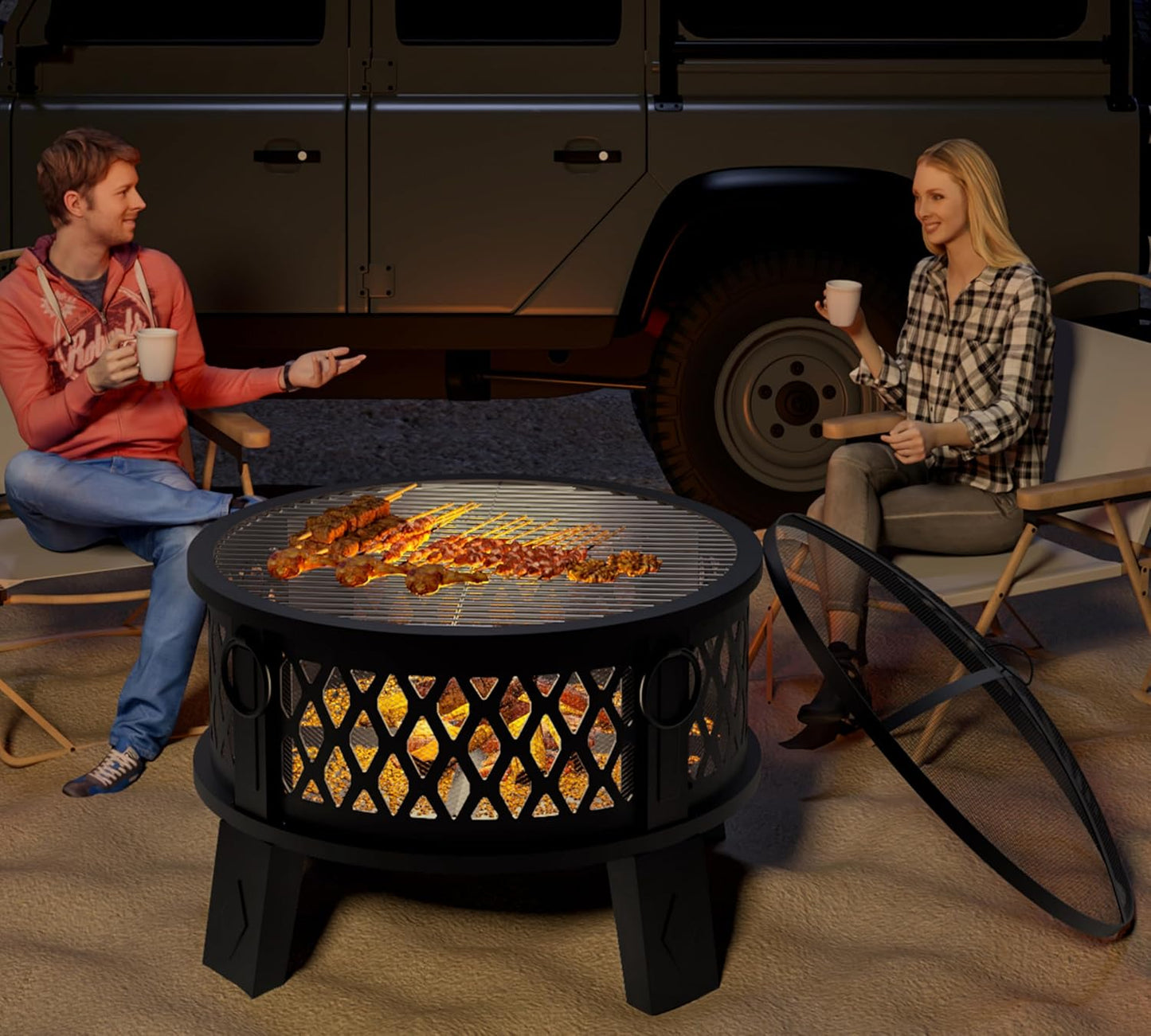 Fire Beauty 26" Steel Fire Pit with Grill & Diamond Mesh Design,360° Airflow Tech for 80% Less Smoke,XL Flames,Heavy-Duty Portable Outdoor Fire Bowl for Camping, Backyard, Beach (22lbs, 4 Handles)-VerdiqueGarden