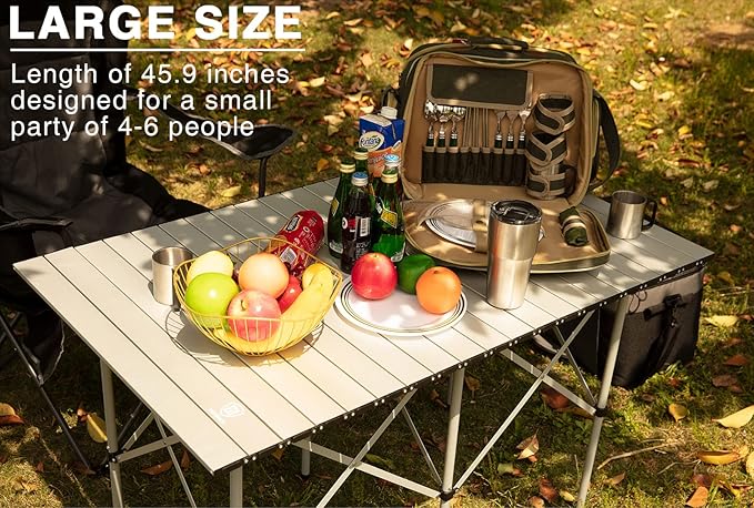 EVER ADVANCED Camping Table, Fold up Lightweight, 4-6 Person Portable Roll up Aluminum Table with Carry Bag for Outdoor, White-VerdiqueGarden