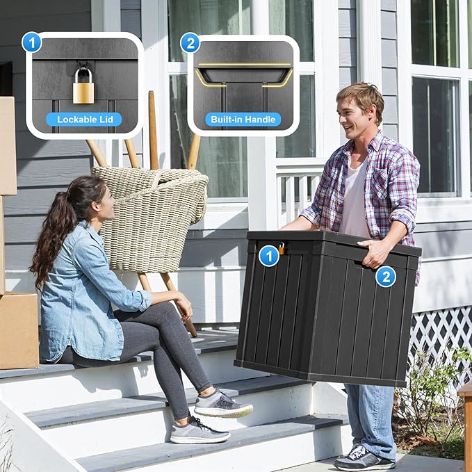50 Gallon Resin Deck Box, Lockable Outdoor Storage Box for Patio Cushions Storage Furniture,Garden Tools, Pool Supplies, Weatherproof and UV Resistant（Black）-VerdiqueGarden