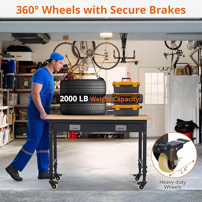 48x24 Inch Heavy-Duty Adjustable Workbench with Rubber Wood Top – 2000LB Capacity Mobile Garage Workstation with Drawer, Ideal for Workshop, DIY & Tool Storage-VerdiqueGarden