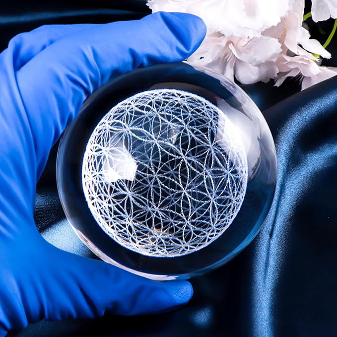 Qianwei Flower of Life Crystal Sphere with Led Colorful Lighting Touch Base, Sacred Geometry Crystal Ball Starlight Magic, Feng Shui Decor Laser Engraved Seek of Flower Inside A Sphere-VerdiqueGarden