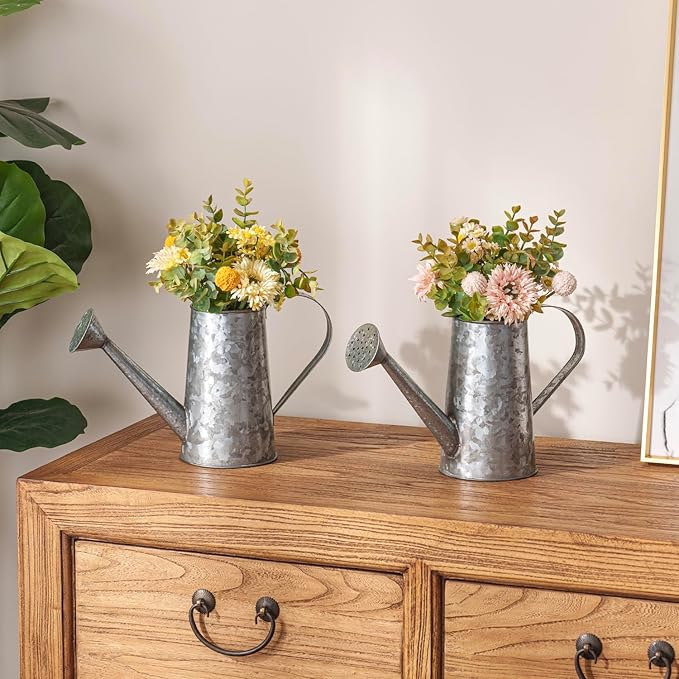 MyGift 7 Inch Small Rustic Galvanized Metal Decorative Vases in Vintage Style Watering Can Design for Dried Flowers and Artificial Plants, Set of 2 - Handcrafted in India-VerdiqueGarden