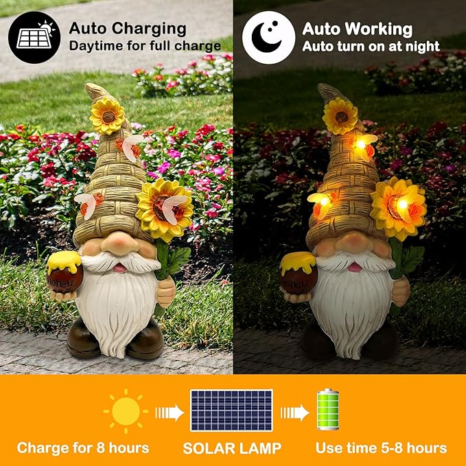 Uniboho Garden Gnome Statue Outdoor Garden Decor Large Resin Sunflower Gnome Holding Honey Jar with Solar Bee Lights for Garden Yard Decorations Patio Lawn Outside Porch Lawn Decor Gnomes Gifts 12"-VerdiqueGarden