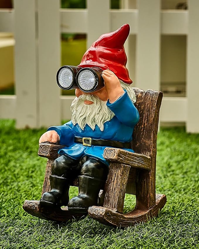 Solar Garden Gnome Statues Resin Gnome Figurines Sitting on Rocking Chair Outdoor Telescope Gnome Gifts for Yard, Patio Decor Gift-VerdiqueGarden