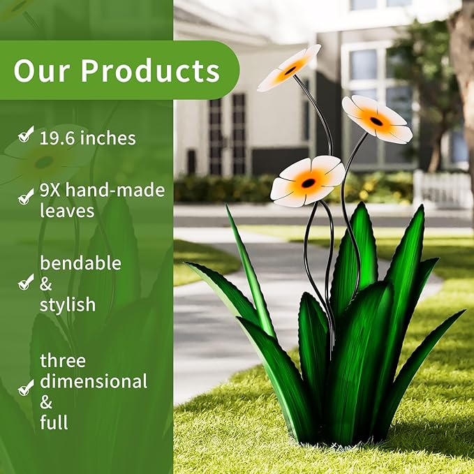 Upgraded Large Metal Yard Art, Agave Plant Yard Decorations, Outdoor Sculpture, Flowers for Outside, Waterproof Garden Decor (Green + Blue Flower)-VerdiqueGarden