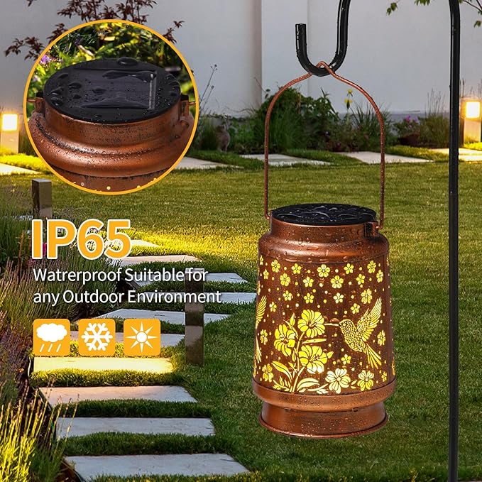 Hummingbird Solar Lanterns Outdoor Waterproof Garden Decor Birthday Gifts for Women Mom Grandma Hanging Solar Lights Metal Lantern Decoration Outside for Porch,Patio,Yard,Backyard-VerdiqueGarden