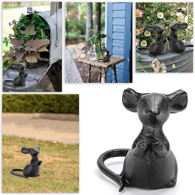 OwnMy 2 Cast Iron Cute Mouse Figurine Sculpture Black Mice Statues Carved Desktop Ornaments Figurines, Decorative Creative Animal Figurine Indoor Outdoor Statues for Garden Patio Yard Home Decoration-VerdiqueGarden