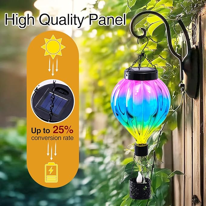 Hot Air Balloon Solar Lantern Outdoor Waterproof with Flickering Flame Gifts for Women Grandma Mom Glas Hanging Solar Lights Decorative for Outside Wall Front Porch Yard Garden Fence-VerdiqueGarden